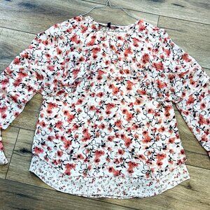 White House Black Market Pink Floral Double Layered Sheer Long Sleeve Blouse 8